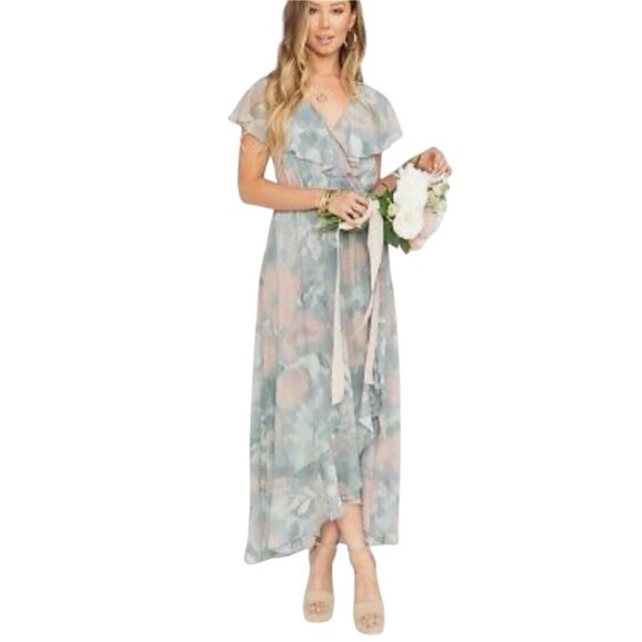 Show Me Your Mumu Jess Green Floral Ruffle Wrap Midi Dress XS - Picture 3 of 13
